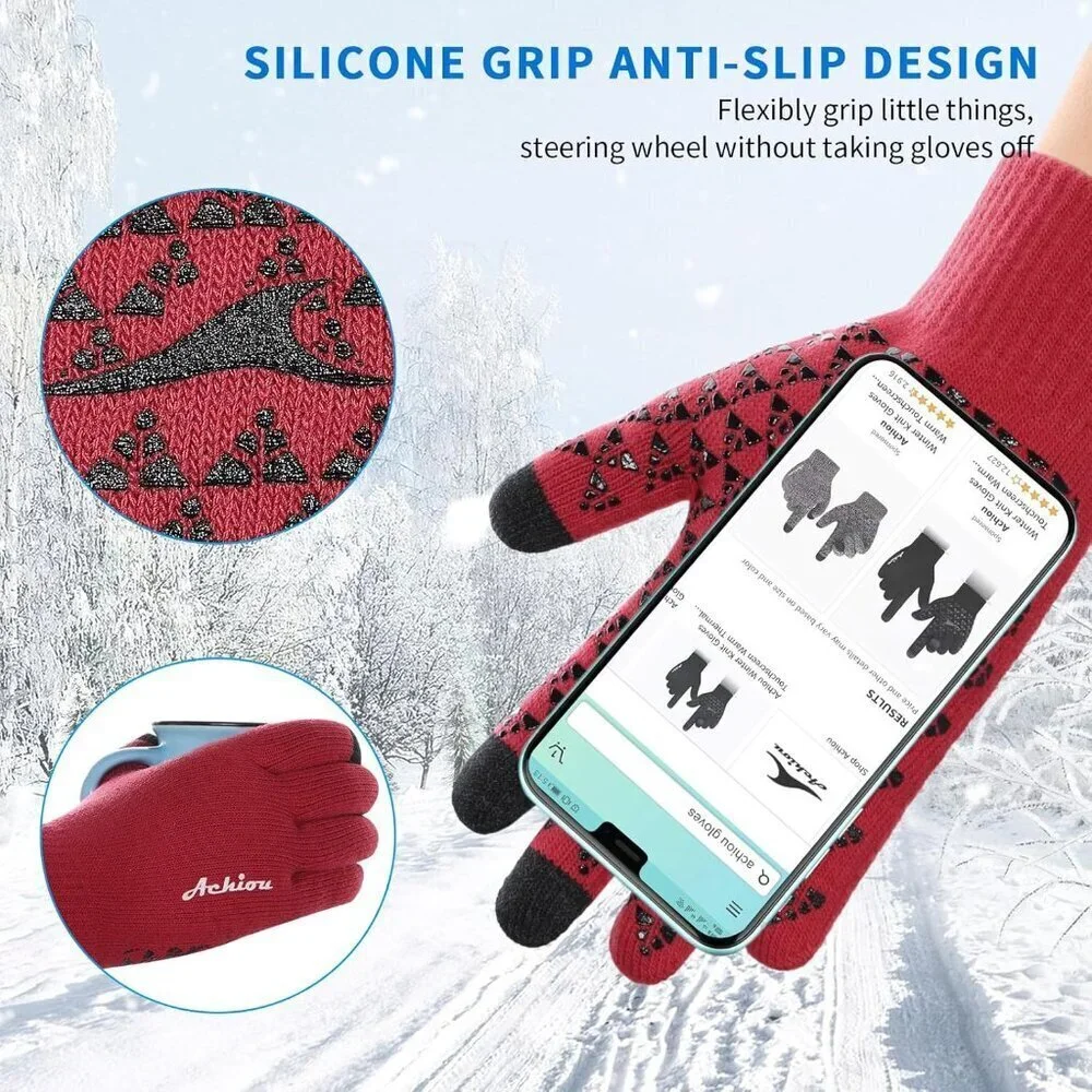 Women's Red Upgraded Touch Screen Warm Thermal Soft Knit Lining Winter Gloves